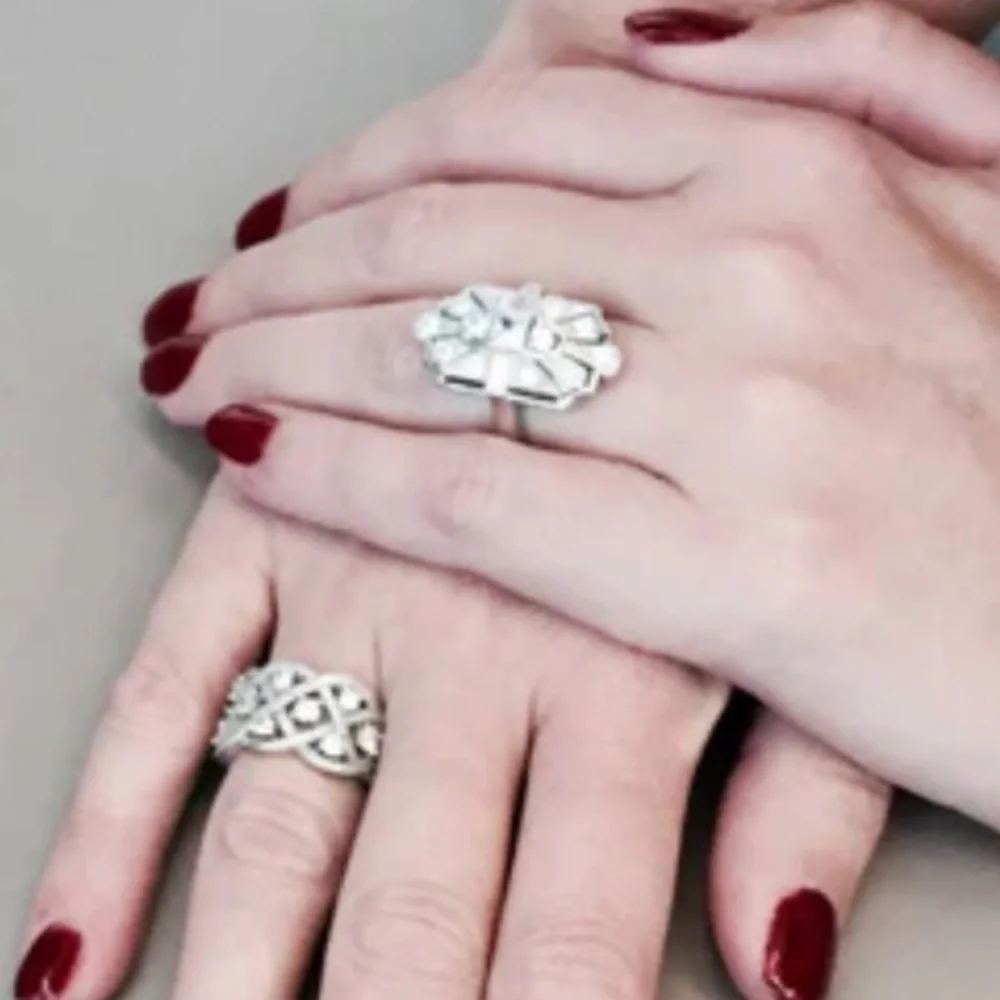 Sterling Silver + Crystal CZ Statement Art Deco Milgrain Cocktail Ring - Picture 3 of 9